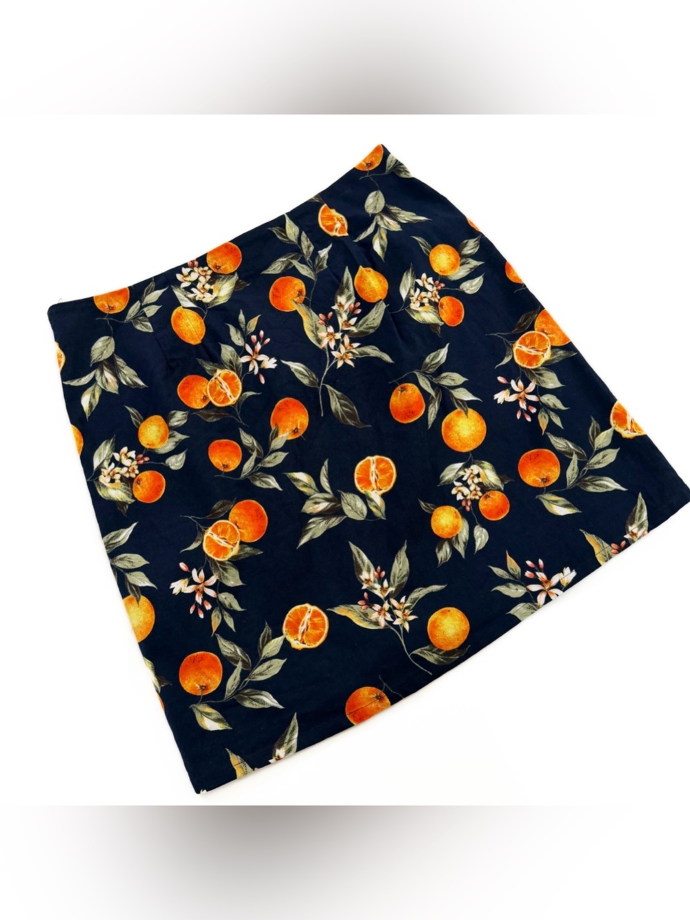 Loft Skirt Womens 10 Navy Blue Orange Fruit Print Utility Mini - Picture 8 of 8